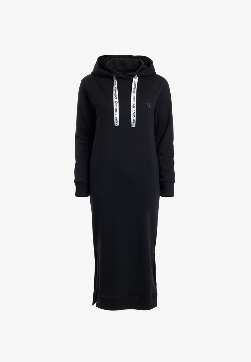 Must muströöpidega must kapuutsiga kleit, millel on pikk ja sirge disain, rinnal logoga ning kontrastse nööriga, millel on tekst kapuutsil.