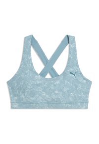 Ανοιχτό μπλε αθλητικό σουτιέν από απαλό ύφασμα, με υφή, φαρδιές τι ράντες και σχεδιασμό με σταυρωτή πλάτη. Περιλαμβάνει ένα μικρό λογότυπο.