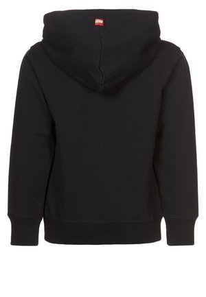 Sort hættetrøje med stor hætte, ribben manchetter og kant, samt et lille rødt LEGO-logo bagpå. Blødt stof, løs pasform, uden mønstre.