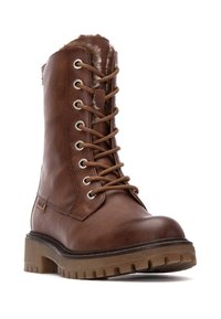 Botas marrones de cuero con cordones que presentan una suela de goma resistente, un forro de piel sintética en la parte superior y ojales metálicos para los cordones.