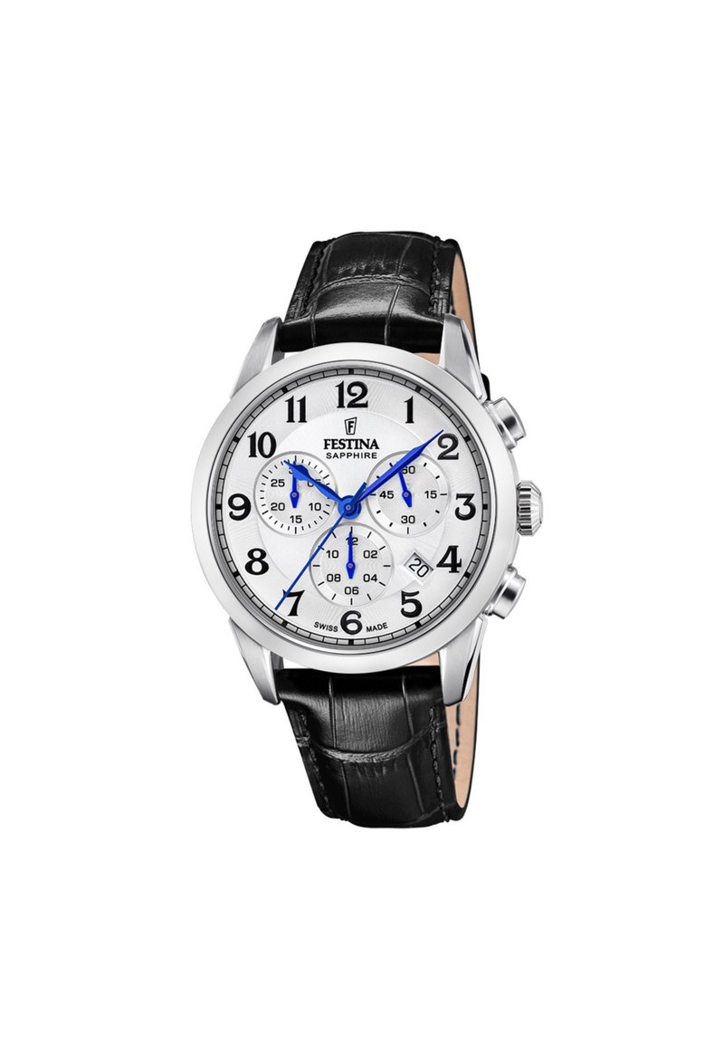 Orologio in acciaio inossidabile argentato con quadrante bianco, numeri arabi neri, lancette blu e sottodial cronografo. Cinturino in pelle nera.