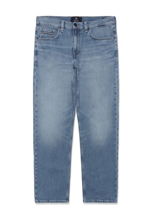 Gaiši zili taisnas kājas džinsi ar priekšējo pogu un rāvējslēdzēju, piecām kabatām un melnu izmēru etiķeti jostas iekšpusē.