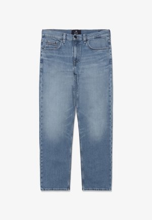 Hellblaue Jeans mit geradem Bein, vorn mit Knopf und Reißverschluss, fünf Taschen und einem schwarzen Größenschild im Inneren des Bunds.