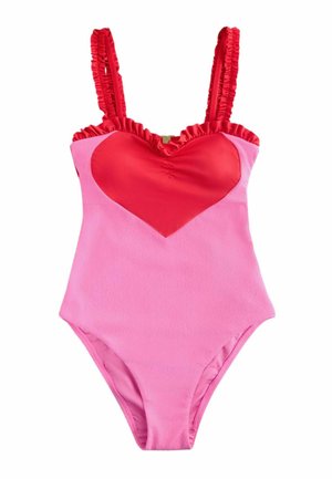 Costum de baie întreg roz, cu panou roșu în formă de inimă pe piept și bretele roșii cu volane.