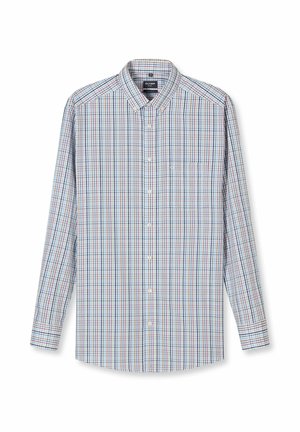Herrenhemd mit langen Ärmeln, Knopfleiste, kariert in Blau, Rot und Grün, Brusttasche und geknöpftem Kragen.