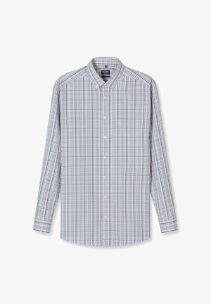 Herrenhemd mit langen Ärmeln, Knopfleiste, kariert in Blau, Rot und Grün, Brusttasche und geknöpftem Kragen.