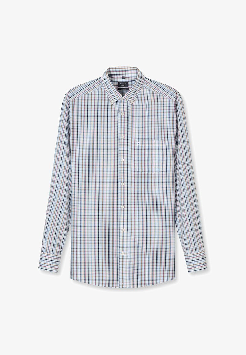 Herrenhemd mit langen Ärmeln, Knopfleiste, kariert in Blau, Rot und Grün, Brusttasche und geknöpftem Kragen.