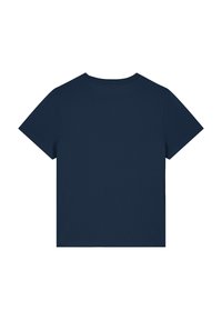 T-Shirt mit kurzen Ärmeln aus dunkelblauem Stoff, Rundhals, normale Passform, glatte Textur, ohne Design oder Muster, mit geradem Saum.