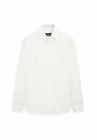 Chemise blanche à manches longues avec boutons, en tissu lisse, dotée d'un col classique, d'une coupe droite et d'une patte de boutonnage sans motifs ni accents.