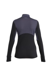 Langarm-Sportoberteil mit schwarzem Körper und dunkelgrauem oberen Bereich, Reißverschlusskragen und Flachnaht für eine glatte Oberfläche.