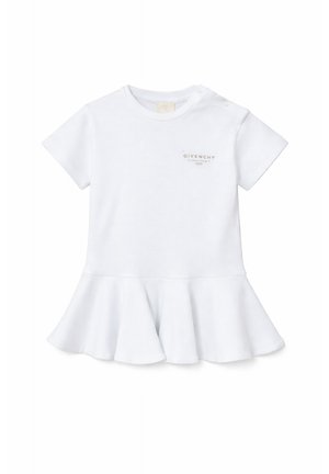 Abito bianco a maniche corte con gonna svasata e piccolo logo Givenchy sul petto, progettato per bambini.