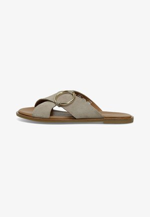 Bežinė zomšinė sandalas, su kryžminiu dizainu, auksiniu apvaliu akcentu ir plokščiu ruduo pašalu. Lygi tekstūra.