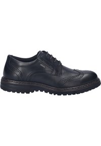 Scarpa da uomo nera in pelle con dettagli brogue, punta rotonda e suola testurizzata a contrasto. Presenta un design tradizionale con lacci e accenti di cucitura.