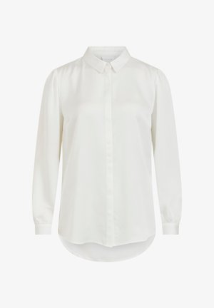 Witte blouse met lange mouwen en een klassieke kraag, met een gladde textuur en knoopsluiting. Rond gemaakte zoom en licht gepofte mouwen.
