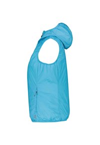  Lichtblauwe gewatteerde vest met capuchon, mouwloos ontwerp, elastische zoom en een rits zijzak. Gladde textuur en lichtgewicht materiaal.