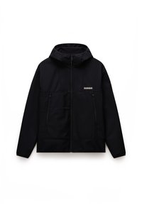 Svart zip-up jakke med hette, har en glatt tekstur, to frontlommer og en logo på brystet. Justerbar passform med et stilrent design.
