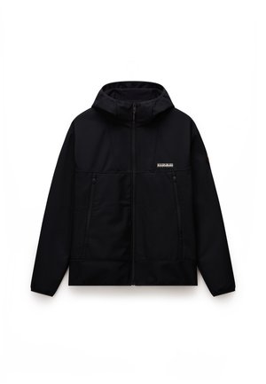 Black zip-up jacket with a hood, features a smooth texture, two front pockets, and a logo on the chest. Adjustable fit with a sleek design.