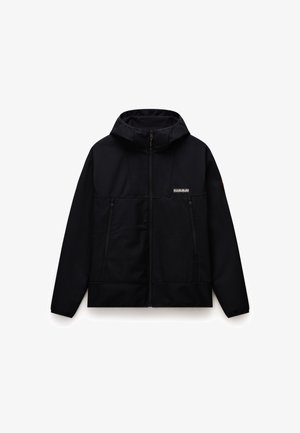 Sort zip-up jakke med hætte, har en glat tekstur, to frontlommer og et logo på brystet. Justerbar pasform med et slankt design.