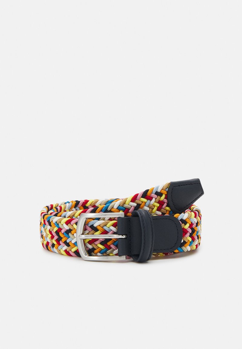 Woven belt in multicolor fabric featuring red, yellow, blue, and beige strands; black leather ends; silver metal buckle.