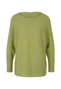 Grüner gerippter Strickpullover mit weitem Rundhalsausschnitt und langen Ärmeln. Der Stoff hat eine weiche Textur und bietet einen lockeren Schnitt.