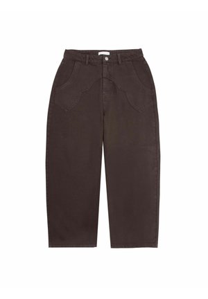 Brown wide-leg trousers made of cotton, featuring unique curved pockets, a button closure, and a clean hem design.