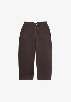Brown wide-leg trousers made of cotton, featuring unique curved pockets, a button closure, and a clean hem design.