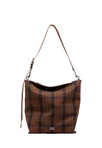 Rjava karirana torba z rdečimi in črnimi detajli, zaključena z rjavim usnjem podobnim trakom in srebrnimi strojniškimi podrobnostmi. Znamka na dnu.