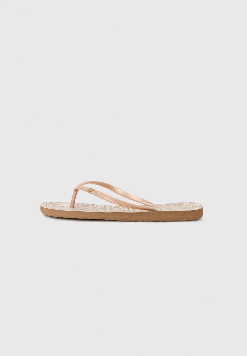 Heledad roosad sussid õhukeste rihmadega ja tekstuuriga beež jalgpadi, millel on lehe muster. Kummist põhi, minimalism.