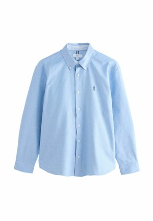 Hellblaues langärmeliges Button-Up-Hemd aus Baumwolle mit klassischem Kragen, mit einem kleinen gestickten Logo auf der linken Brust.