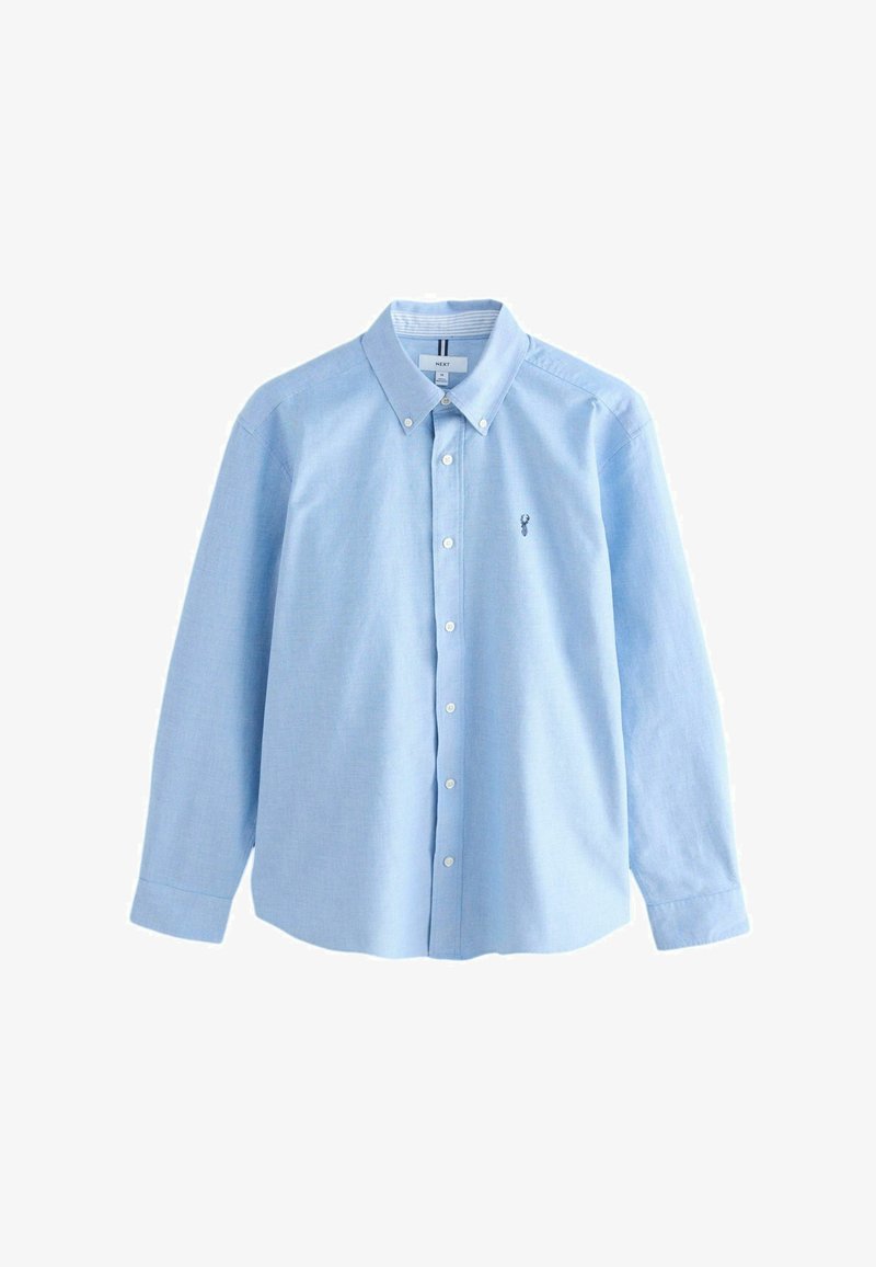 Light blue long-sleeve button-up shirt made of cotton with a classic collar, featuring a small embroidered logo on the left chest.