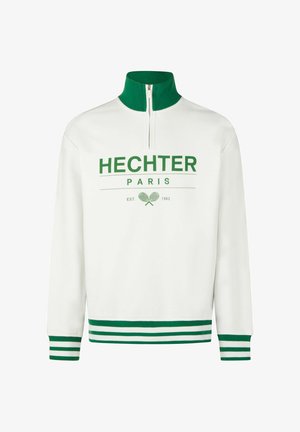 Weißes Sweatshirt mit grünen Akzenten, halber Reißverschluss-Kragen und grün-weißen gestreiften Bündchen und Saum. Mit dem Text "HECHTER PARIS" und einer Tennisp grafik.