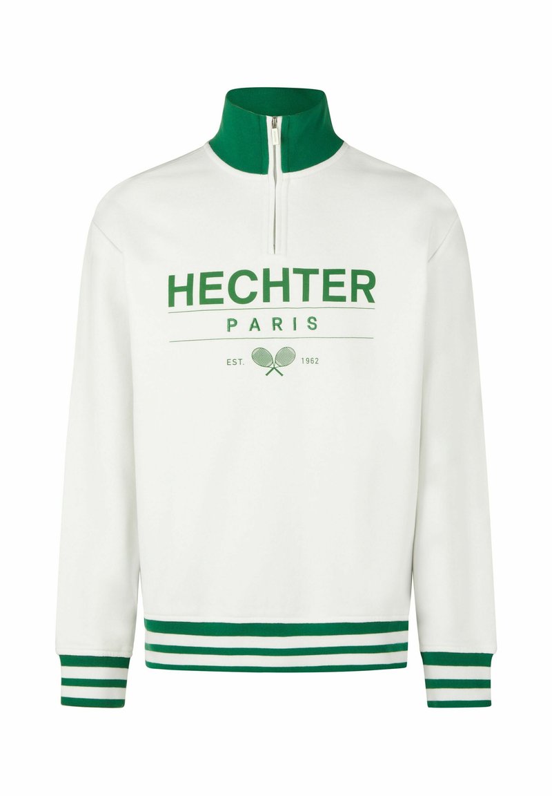 Witte sweatshirt met groene accenten, halve ritskraag, en groene/witte gestreepte manchetten en zoom. Bevat de tekst "HECHTER PARIS" en een tennisafbeelding.