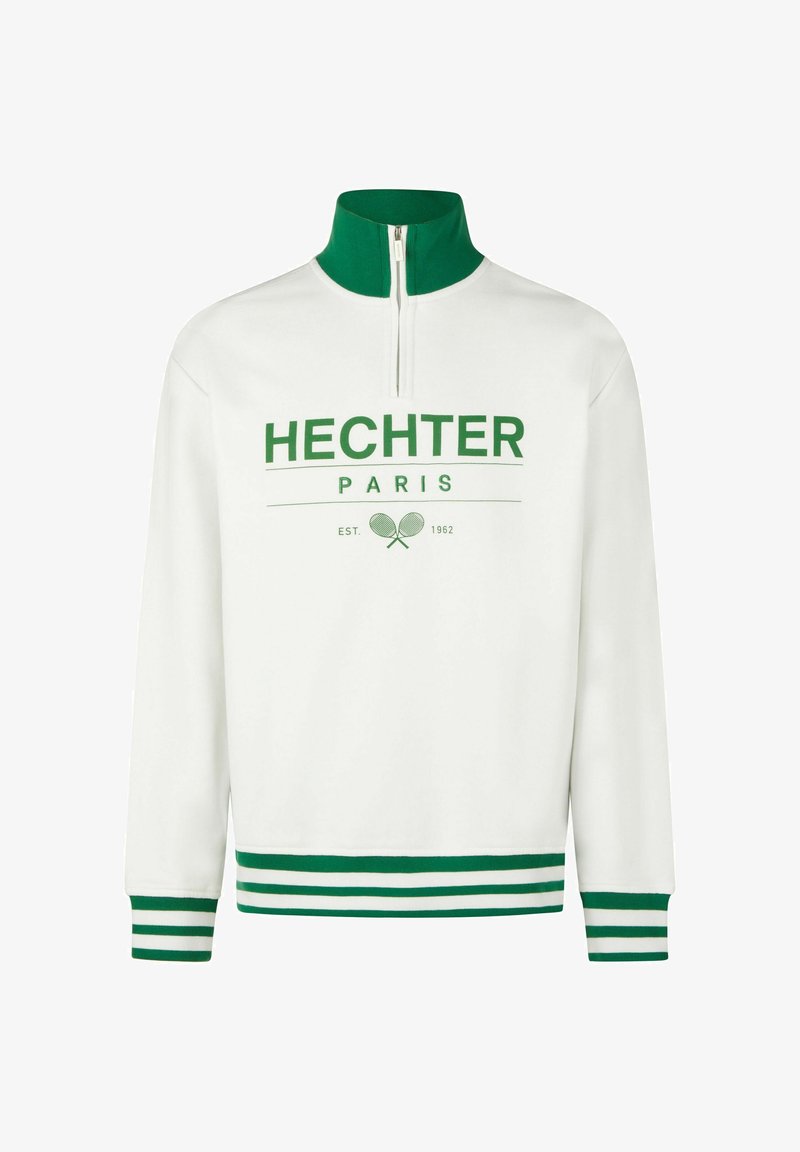 Witte sweatshirt met groene accenten, halve ritskraag, en groene/witte gestreepte manchetten en zoom. Bevat de tekst "HECHTER PARIS" en een tennisafbeelding.