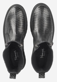 Black ankle boots made of textured leather with a scales pattern, featuring side zippers and a rounded toe design.