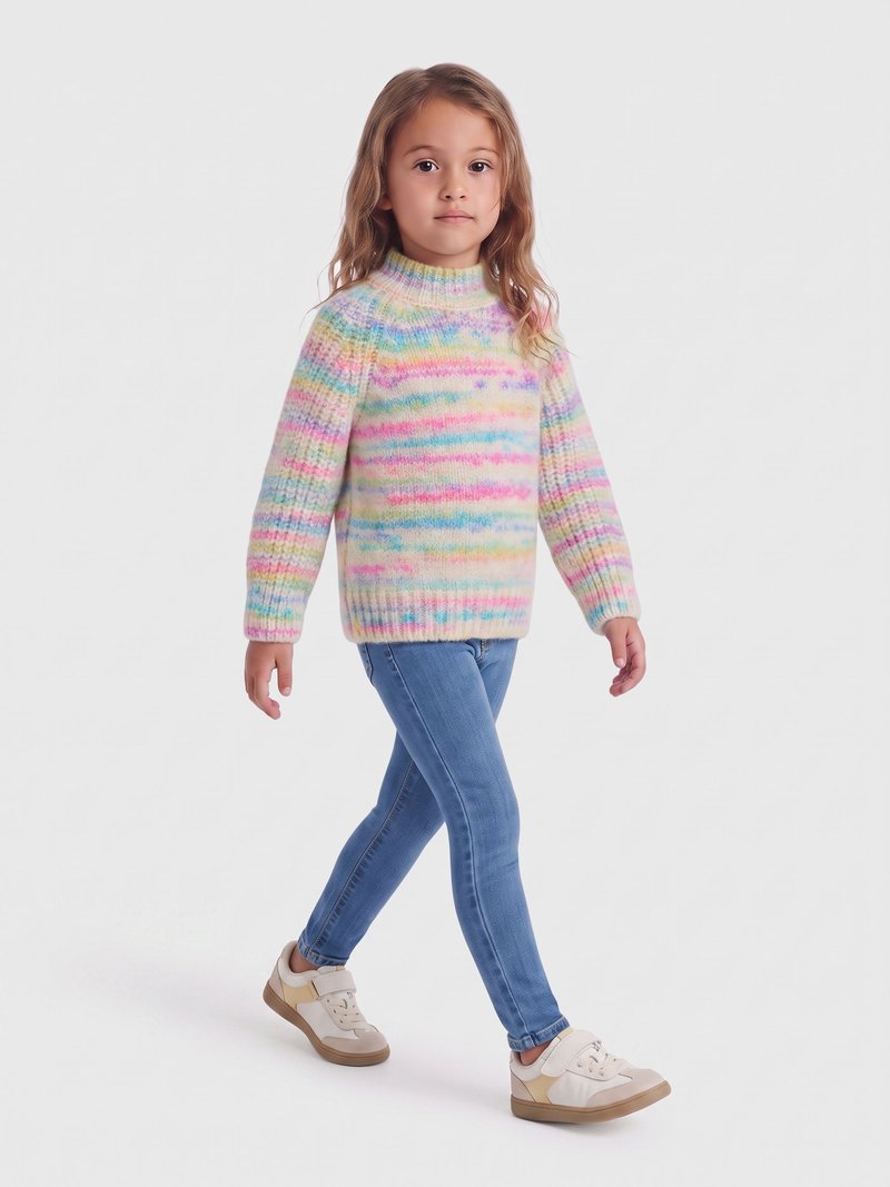 Jeune fille marchant, portant un pull tricoté à rayures pastel, un jean bleu et des baskets blanches sur un fond clair uni.