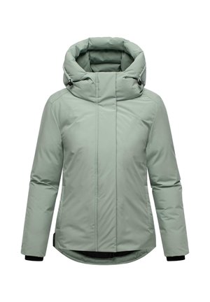 Polstret jakke i lysegrøn polyester med høj krave og justerbar hætte. Har sorte manchetter og en afrundet kant.