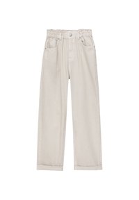 Pantalons beige clair avec une taille élastique, quatre poches et une coupe droite. Fabriqués en un matériau doux et lisse.