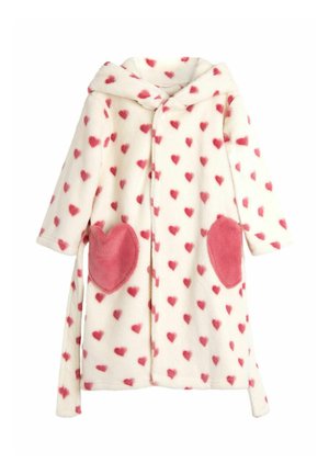 Fleece-morgonrock i krämfärg med rosa hjärtan, med en huva och stora hjärtformade fickor. Mjuk textur och ärmar i medellängd.