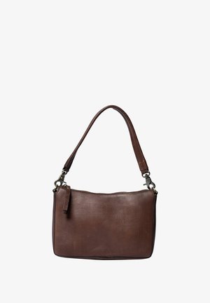Brown leather handbag with a smooth texture, rectangular shape, and a single shoulder strap. Features silver hardware and a zipper closure.