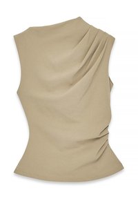 Lys beige ærmeløs top med draperet design, der har plisseringer på skuldrene og samlet detalje på siden. Glat, strækbart materiale.