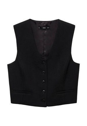 Black sleeveless vest with a deep V-neck, six front buttons, and two side pockets; smooth texture and tailored design.