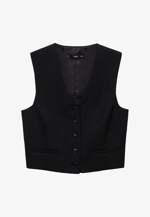 Czarna bezrękawnik z głębokim dekoltem w kształcie V, sześcioma przednimi guzikami i dwiema bocznymi kieszeniami; gładka tekstura i dopasowany krój.