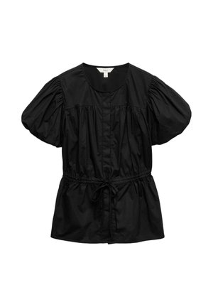 Schwarze Bluse mit kurzen Puffärmeln, rundem Ausschnitt, vorderer Knopfleiste, gerafftem Einsatz und verstellbarem Taillen-Kordelzug.