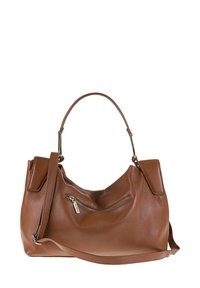 Sac à main en cuir marron avec une poignée supérieure incurvée, une poche zippée à l'avant et une bandoulière longue supplémentaire.