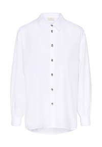 Chemise blanche à manches longues avec col classique, dotée d'un devant à boutons et de boutons métalliques. Texture lisse et ourlet arrondi.