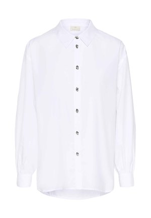 Balta garām piedurknēm krekls ar klasisku apkakli, ar pogu aizdari un metāla pogām. Gluda tekstūra un noapaļots maliņas dizains.