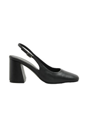 Schwarzer Slingback-Damenschuh aus Leder mit spitzer Zehenkappe, verstellbarem Schnallenriemen und Blockabsatz.