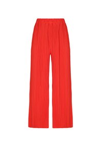 Wide-leg pants made of pleated fabric in bright red. Features an elastic waistband, lightweight texture, and flowing silhouette.