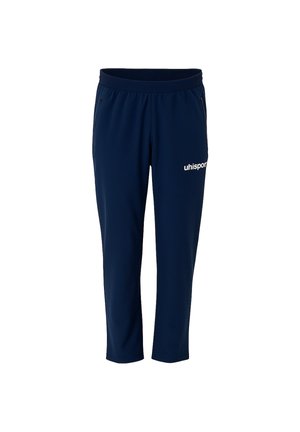 Donkerblauwe sportbroek met elastische tailleband en ritszakken aan de zijkant, met wit "uhlsport" logo op de rechterdij.