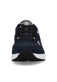 Navy suede sneaker with mesh accents, round toe, textured tongue, and black rubber sole. Features lace-up closure and white detailing.